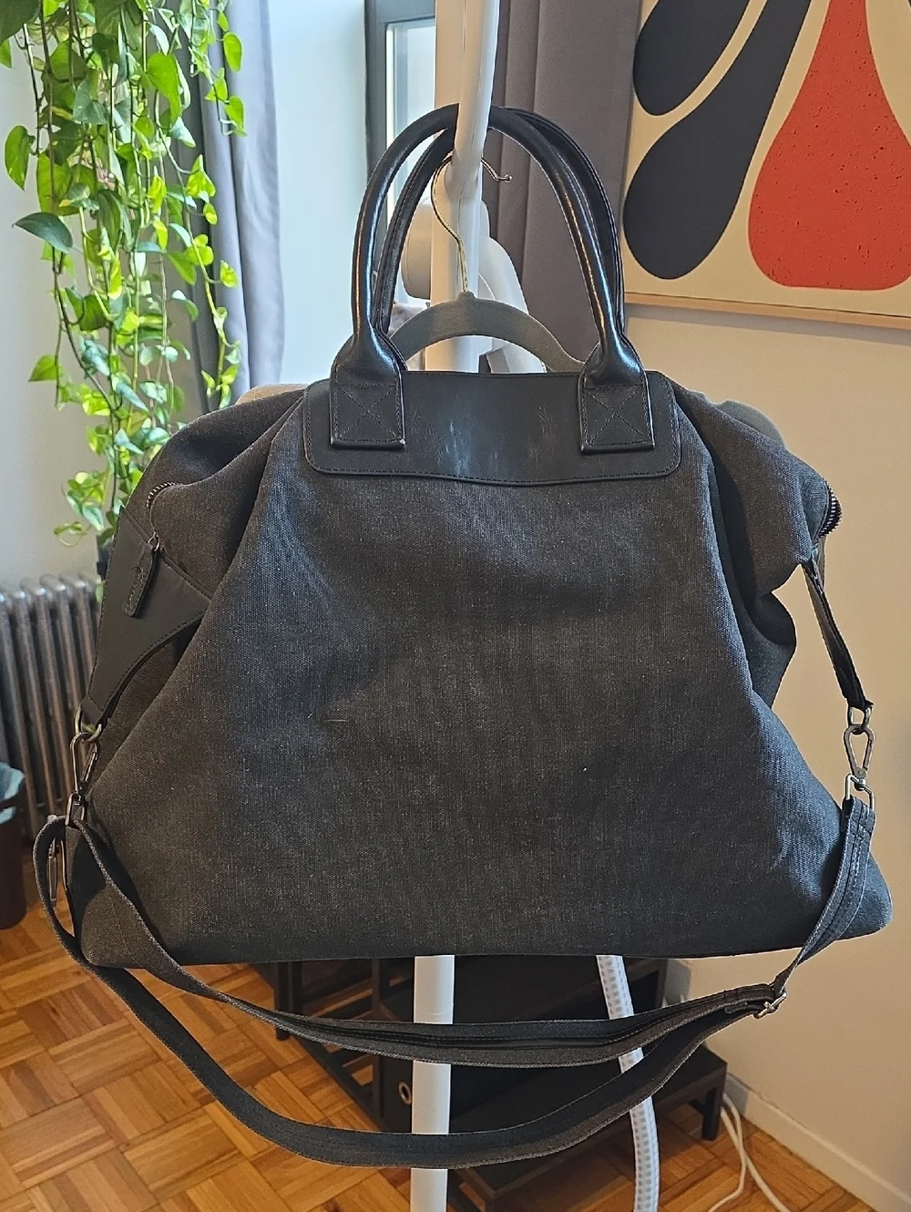 Large Black Canvas Weekender Bag with Leather Trim